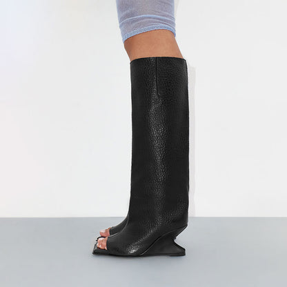FSJ Black Open Square Toe Textured Wedge Heel Knee High Boots