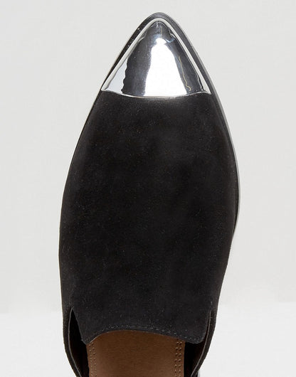 Black Vegan Suede Flat Mules Metallic Pointed Toe Loafers for Women