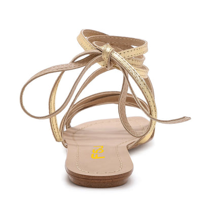 Gold Gladiator Sandals Open Toe Comfortable Flats Strappy Shoes