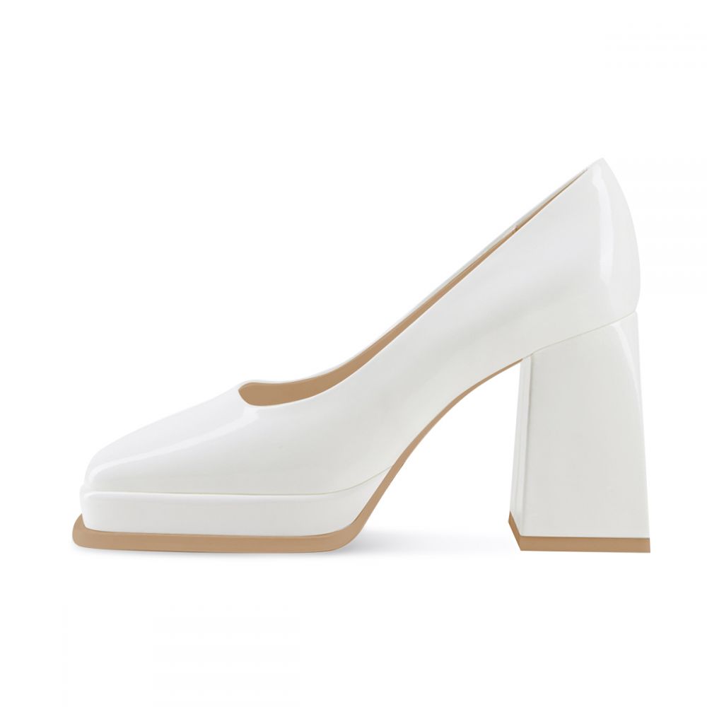 Women's Patent Leather Square Toe Chunky Heel White Platform Pumps