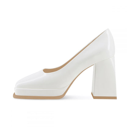 Women's Patent Leather Square Toe Chunky Heel White Platform Pumps