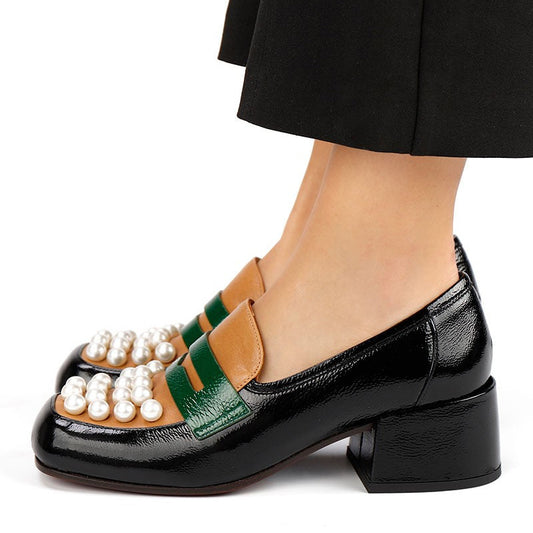 Three-Tone Square Toe Pearl Shoes Block Heel Penny Loafers for Women