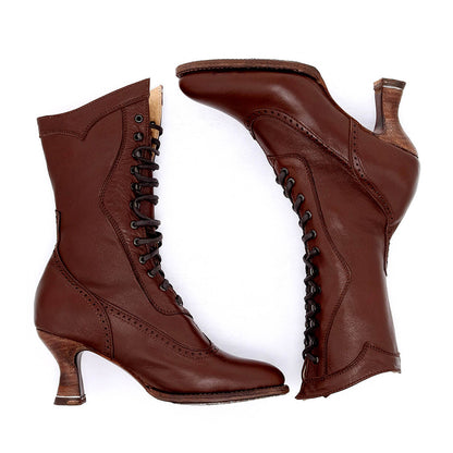 Brown Lace-Up Almond Toe Spool Heel Mid Calf Boots for Women