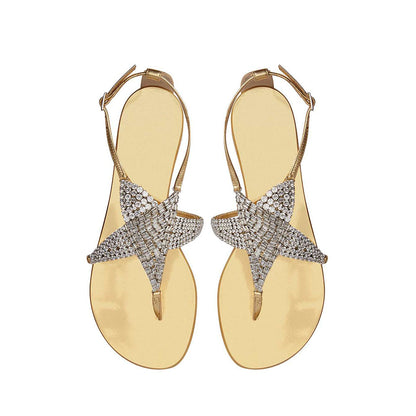 FSJ Metallic Gold Thong Sandals Crystal Star Ankle Strap Flats
