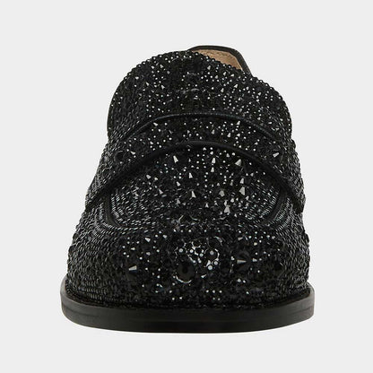 Black Slip-On Round Toe Rhinestone Embellished Women's Loafers