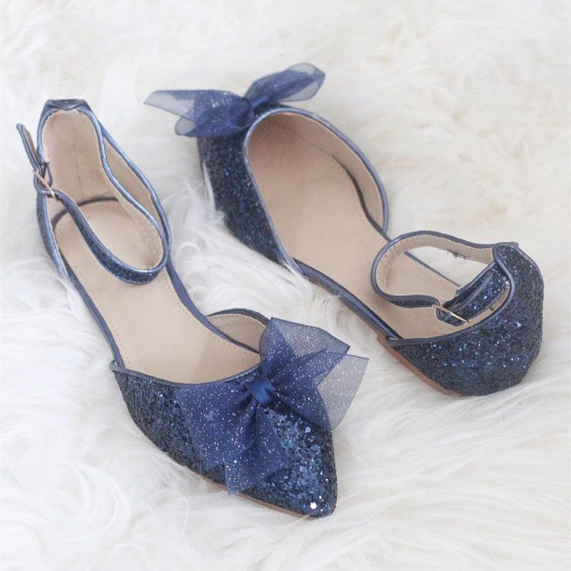 Navy Glitter Evening Shoes Ankle Strap Mesh Bow Pointed Toe Flats