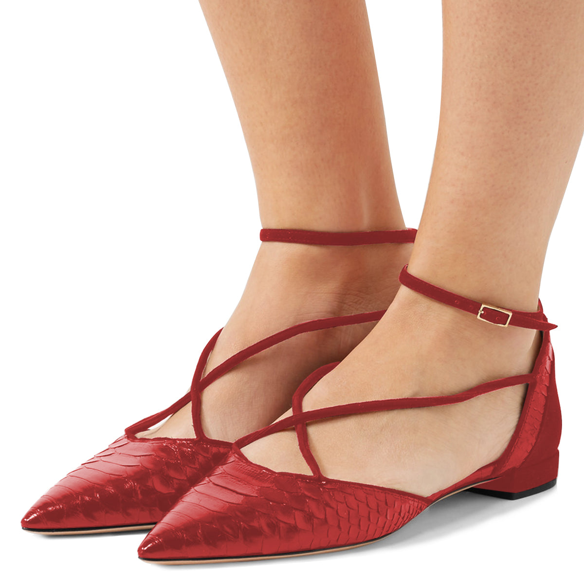 Burgundy Pointy Toe Flats Python Ankle Strap Shoes