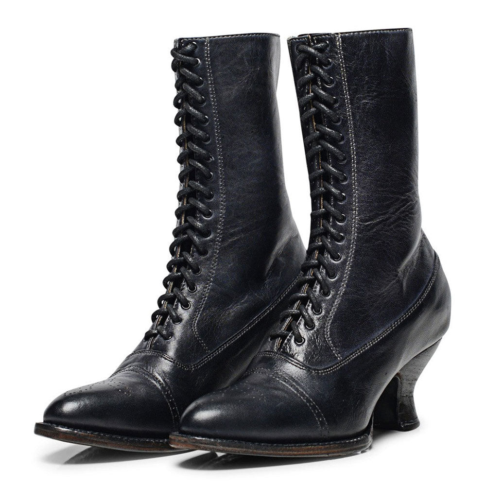 Vintage Lace-Up Almond Toe Spool Heel Mid Calf Boots in Black