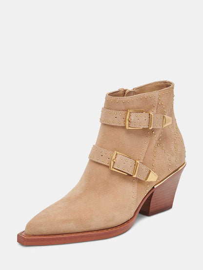 Brown Faux Suede Snip Toe Side-Zip Cowgirl Ankle Boots With Chunky Heels