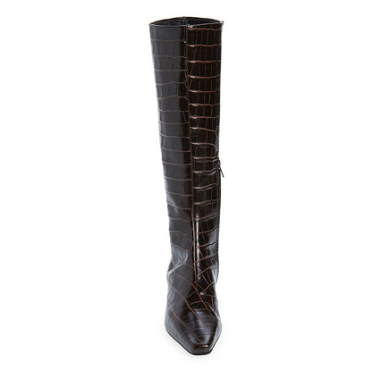 Dark Brown Kitten Heel Square Toe Croc Embossed Knee High Boots