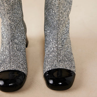 Silver & Black Glitter Round Toe Block Heel Knee High Boots