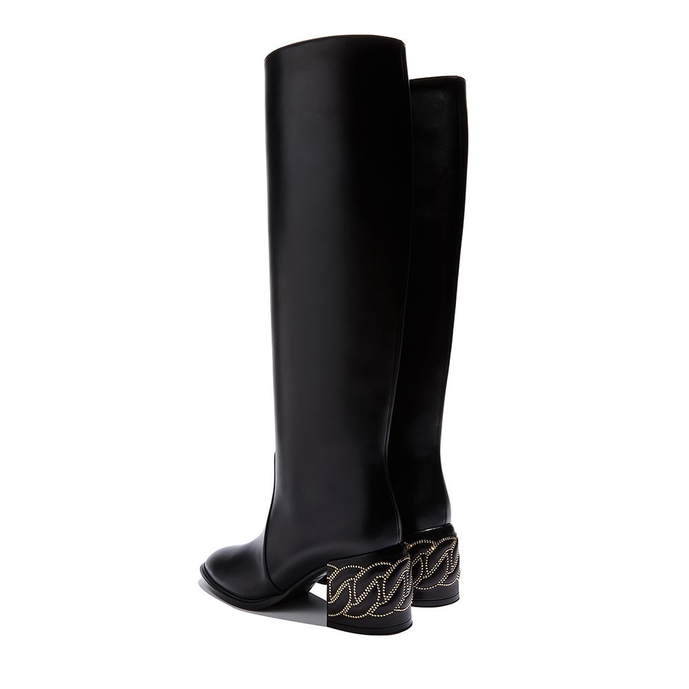 Classic Black Round Toe Decorative Block Heel Knee High Boots
