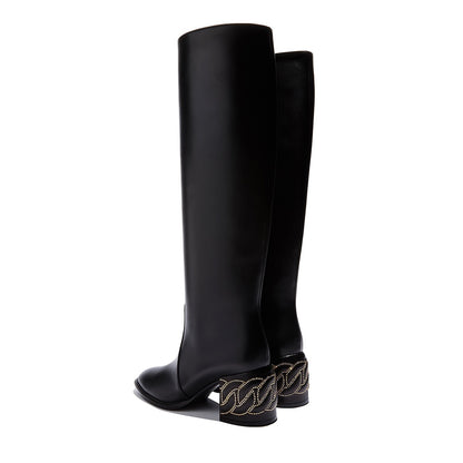 Classic Black Round Toe Decorative Block Heel Knee High Boots