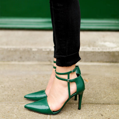 Women's Green Vintage Ankle Strap Heels Pointed Toe Pumps