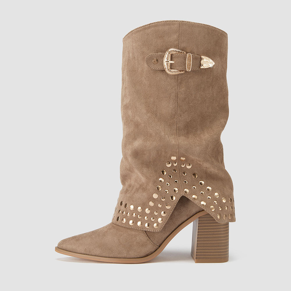 Khaki Vegan Suede Stacked Heel Buckle Studded Fold Over Mid Calf Boots