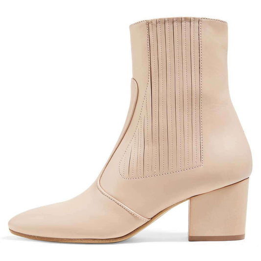 Beige Square Toe Side Zipper Ankle Boots with Chunky Heels