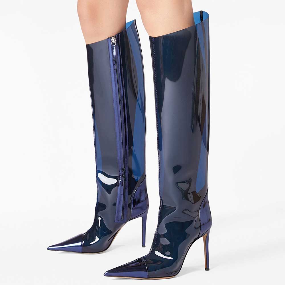 Navy Pointed Toe Iridescent Stiletto Heel Knee High Boots with Zipper