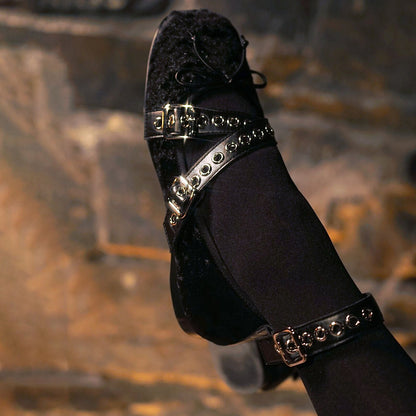 Black Velvet Square Toe Grommet Buckle Strappy Ballet Flats with Bow