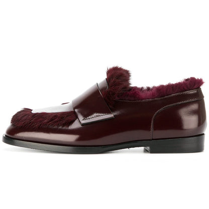 Burgundy Patent Leather Round Toe Faux Fur Flat Women's Loafers