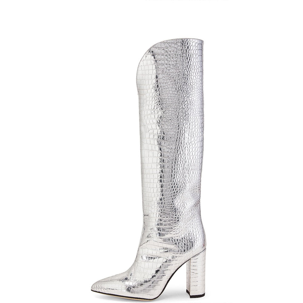 Silver Chunky Heel Croco Embossed Pointed Toe Knee High Boots