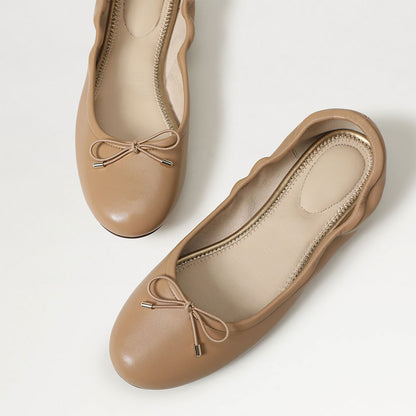 Women's Khaki Elastic Top Line Round Toe Comfort Flats with Bow