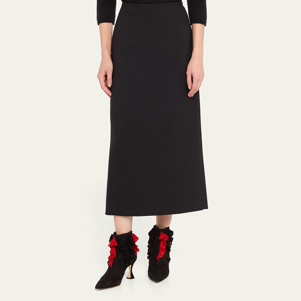 Black & Red Ruffles Design Pointed Toe Ankle Boots with Flared Heel