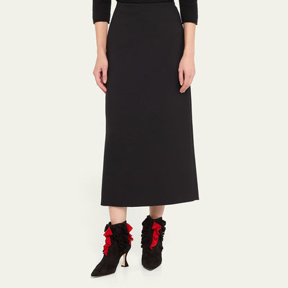 Black & Red Ruffles Design Pointed Toe Ankle Boots with Flared Heel