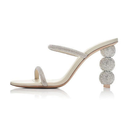 Beige Open Toe Rhinestone Sculptural Heel Mules