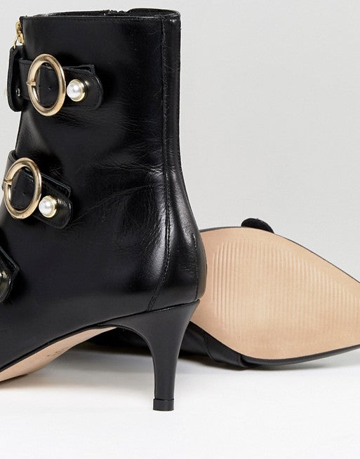 Black Pearl Buckles Kitten Heel Fashion Ankle Boots with Zip
