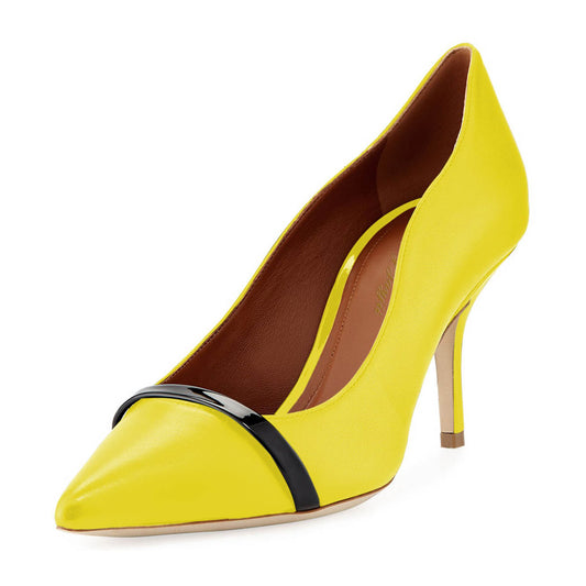 Yellow Vegan Leather Pumps Curved Edge Pointed Toe Stiletto Heels