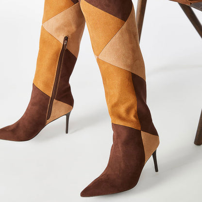Brown Vegan Suede Patchwork Pointed Toe Stilettos Knee High Boots