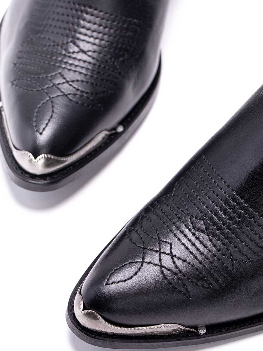 Black Vegan Leather Pointed Toe Side-Zipped Block Heeled Cowgirl Ankle Boots