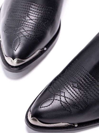 Black Vegan Leather Pointed Toe Side-Zipped Block Heeled Cowgirl Ankle Boots