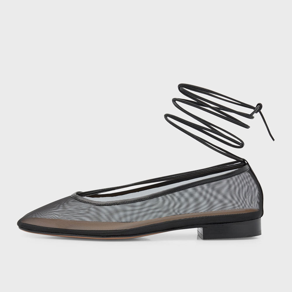 Stylish Black Mesh Square Toe Wrap-Around Ankle Tie Ballet Flats