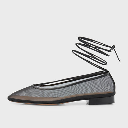 Stylish Black Mesh Square Toe Wrap-Around Ankle Tie Ballet Flats