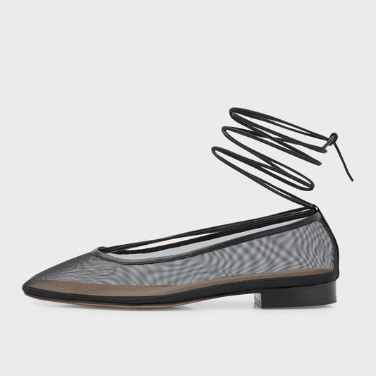 Stylish Black Mesh Square Toe Wrap-Around Ankle Tie Ballet Flats