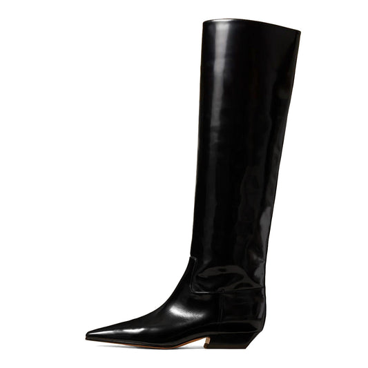 Patent Leather Square Toe Chunky Heel Knee High Boots in Black