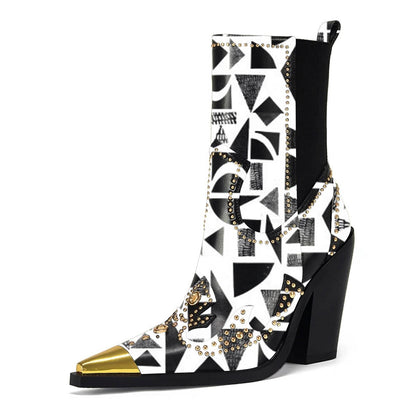 Black and White Geometric Print Block Heel Studded Chelsea Ankle Boots