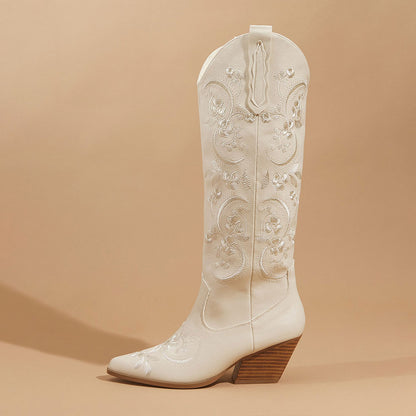 Chic Chunky Heel Floral Embroidered Western Knee High Boots in White