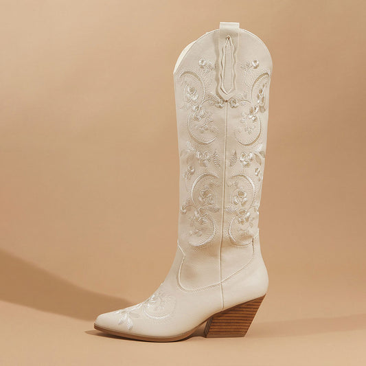 Chic Chunky Heel Floral Embroidered Western Knee High Boots in White
