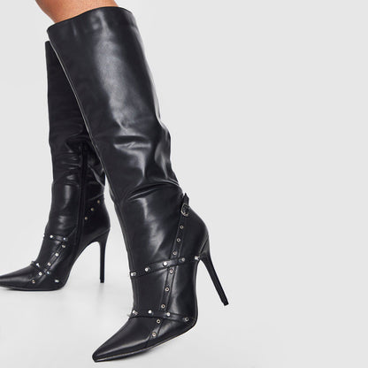 Pointed Toe Studded Strap Stiletto Heel Knee High Boots in Black
