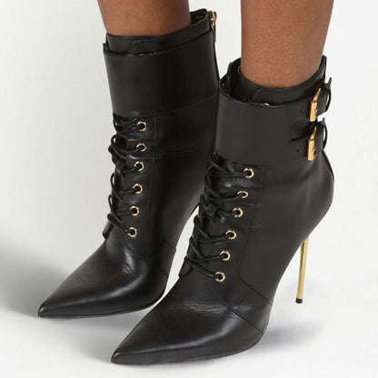 Black Lace Up Ankle Boots Pointed Toe Stiletto Heel Buckle Shoes