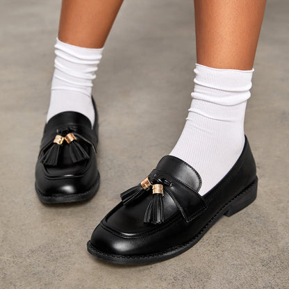 Classic Black Round Toe Tassels Decor Flat School Women's Loafers