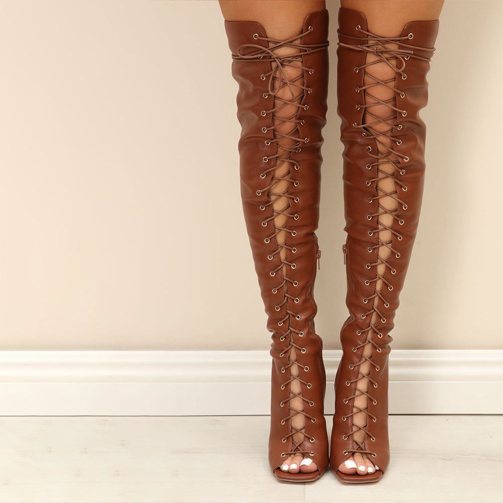 Brown Open Toe Square Toe Lace-up Over The Knee Boots