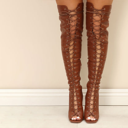 Brown Open Toe Square Toe Lace-up Over The Knee Boots