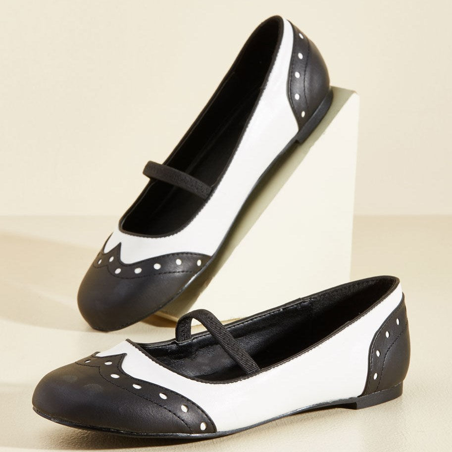Black & White Wingtip Inspired Round Toe Flats with Elastic Strap