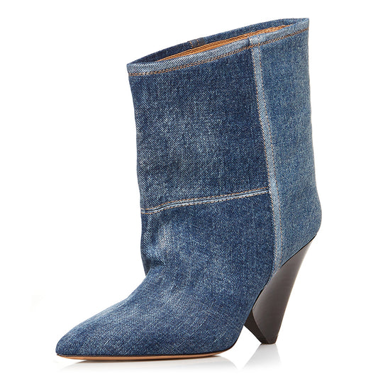 Blue Denim Patchwork Pointed Toe Cone Heel Ankle Boots
