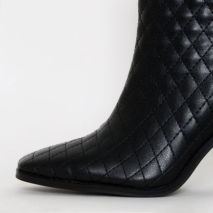 Black Zipper Chunky Heel Square Toe Mid Calf Boots
