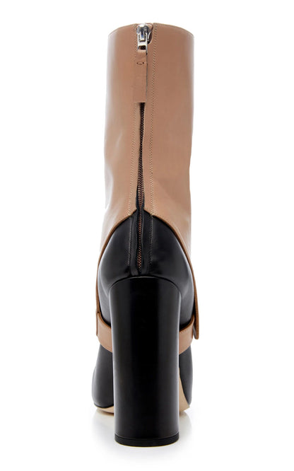 Black and Tan Saddle Style Mid Calf Boots with Block Heels
