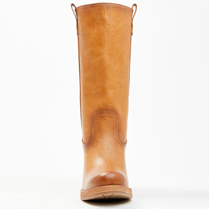 FSJ Classic Tan Round Toe Pull-On Stacked Heel Mid Calf Boots